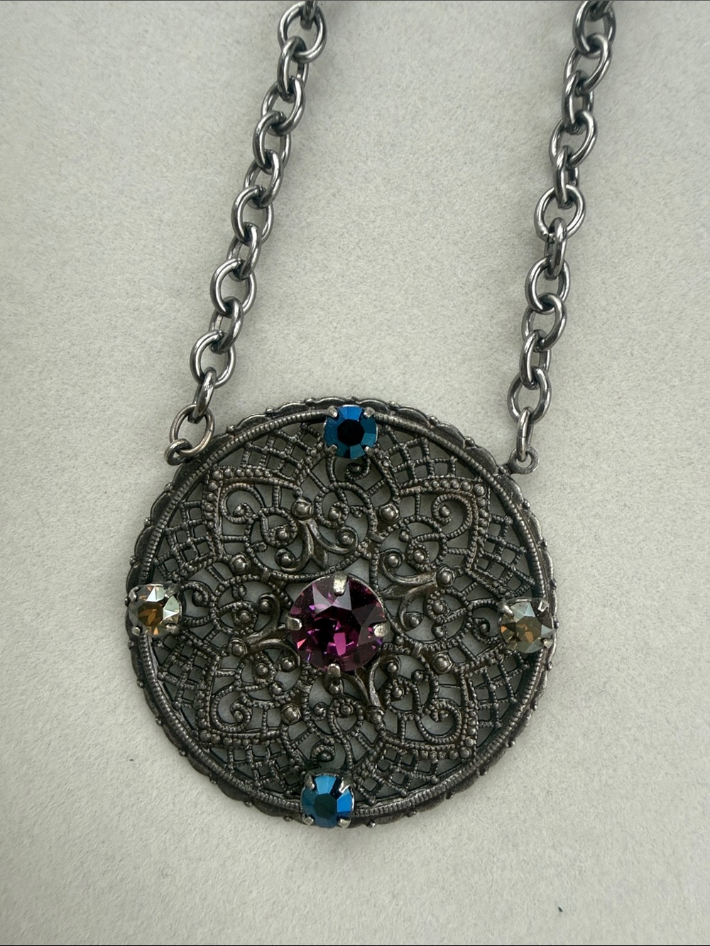 Sabika Black Round Pendant Necklace with Blue and Pink Accents